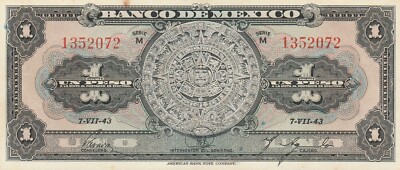 Mexico: 1 Peso Azteca 7 VII 43 Banco de Mexico UNC. | eBay