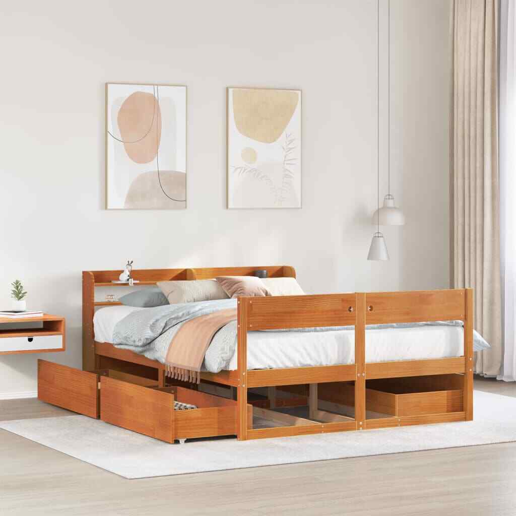 1436168 Letto senza Materasso Marrone Cera 135x190 cm in Legno di Pino