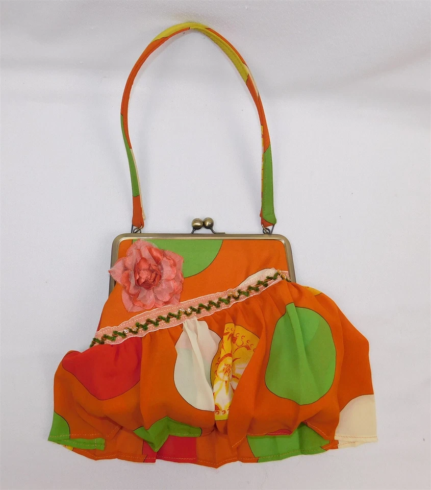 Retro MOD Purse Handbag Green White Yellow Polka Dot Ruffles - Image 3 of 4