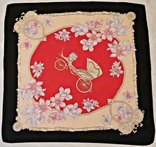 VINTAGE AUTHENTIC EQUESTRIAN ART CARRIAGES BLACK RED PINK SILK 34" SQUARE SCARF