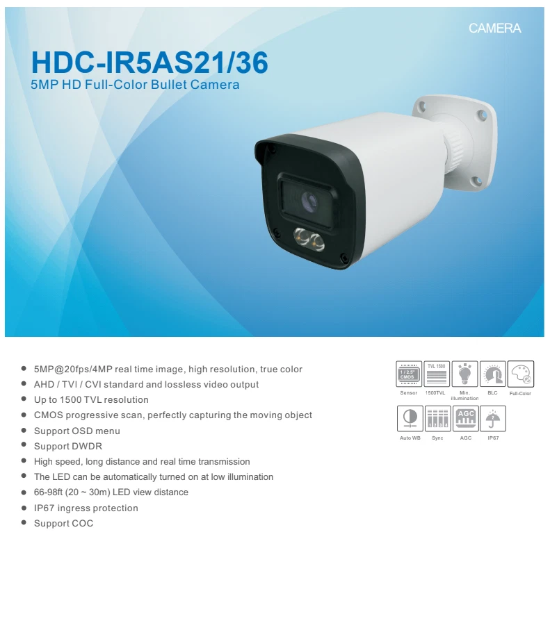 HDC-IR5AS21/36 5MP 3.6mm 98ft LED Full Color AHD/TVI /CVI/CVBS NDAA Bullet Cam - Image 2 of 4