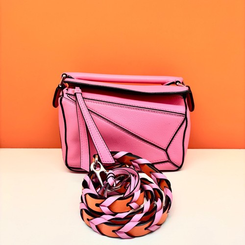 Authentic Loewe Puzzle Mini 2Way Pink Top Handle Bag Crossbody Silver Hardware