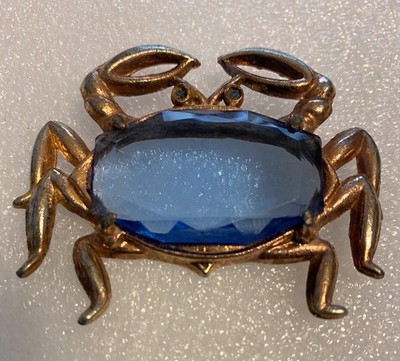 Vintage Huge CRAB Blue Rhinestone Faceted Glass Jelly Belly Pin Brooch ca.1920's