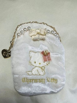 Sanrio Charmy Kitty Embroidery Velvet Pouch White Pearl Ribbon Original New#1729