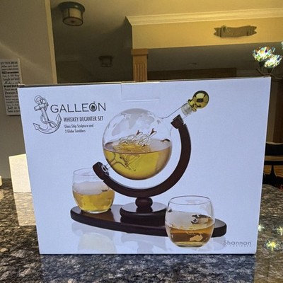 Godinger Whiskey Decanter Set Lead-Free Mouth Blown Globe Ship Mahogany Stand