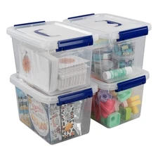 4 Pack 6 Quart Latching Storage Box Small Lidded Container Bin with Handle Clear