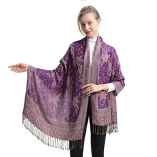 Women Pashmina Scarves Purple Print Paisley Pashmina Shawls and Wraps for Eve...