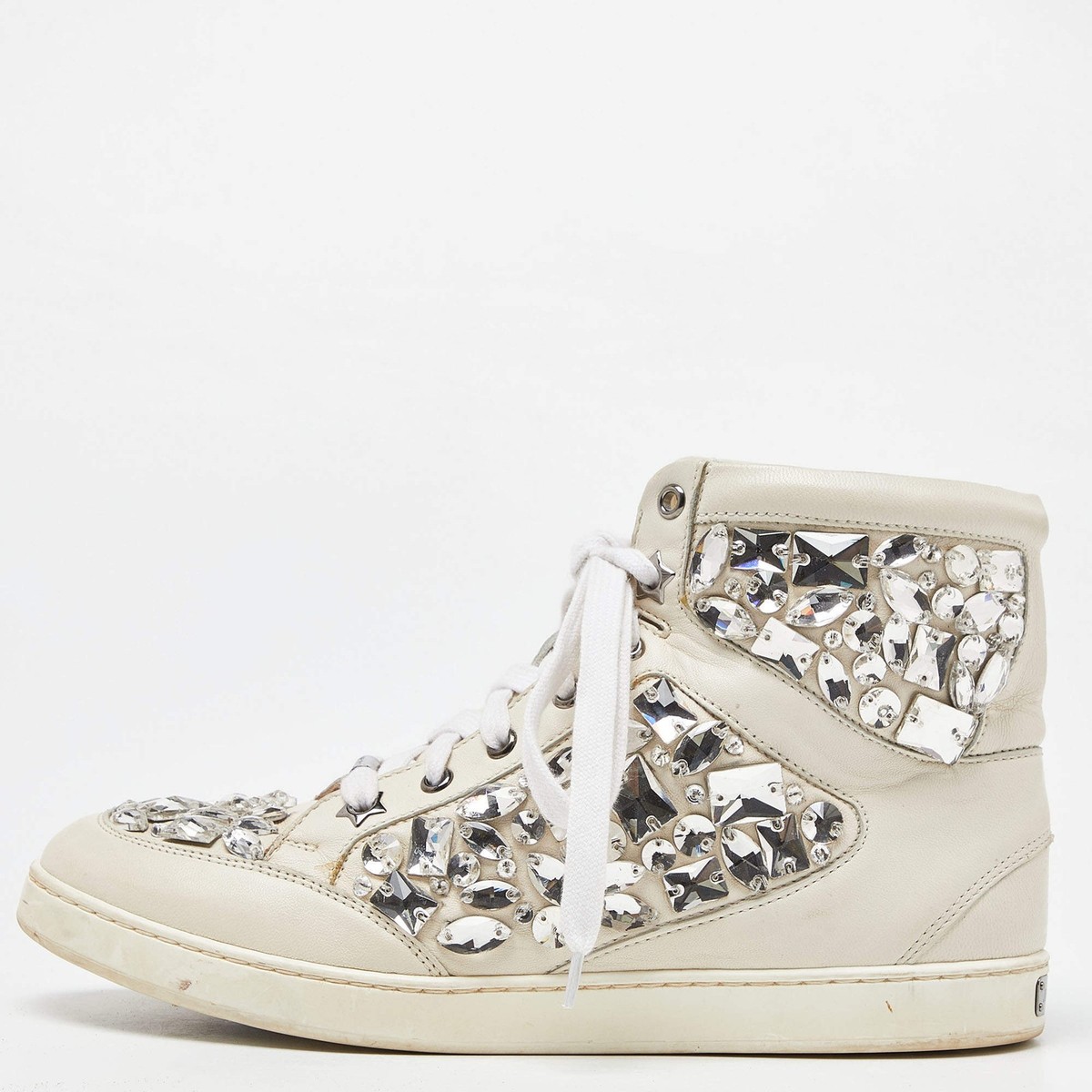 Jimmy Choo White Leather Tokyo Crystal Embellished High Top