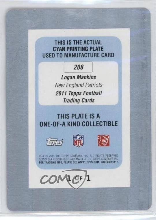 Placa de impresión Topps 2011 cian 1/1 Logan Mankins #208 Foto 2 de 2