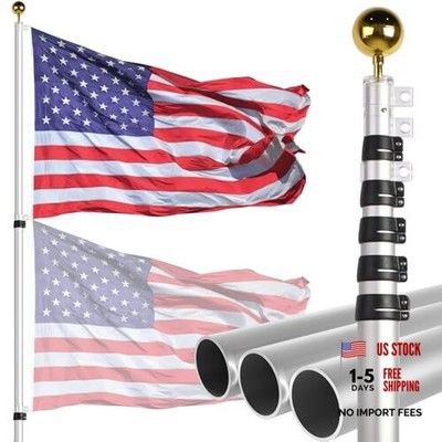  20ft Telescopic Flag Pole - Extra Thick Outdoor Telescoping 20FT Silver - 20FT