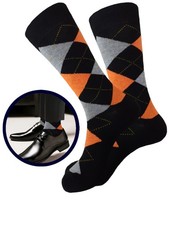1-3-6-12 PAIR MENS DRESS SOCKS BLACK ORANGE DIAMOND ARGYLE COTTON SOCKS 10-13