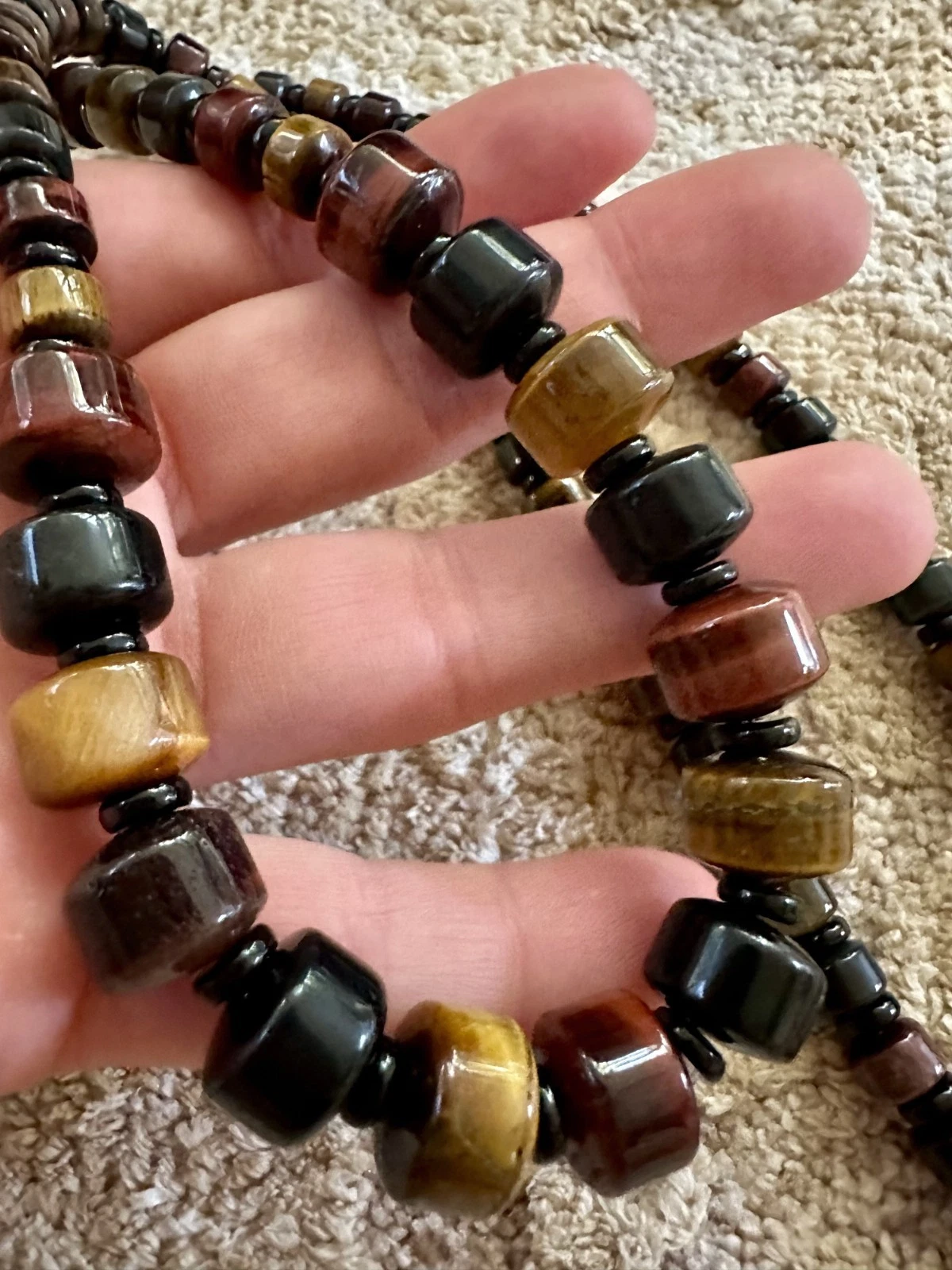 Gemstone & Wood Graduated Beaded Pattern Necklace 32" - product detail image 3
