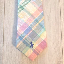 Polo by Ralph Lauren Mens Tie 100% Cotton Plaid Pastel Pink Blue Green Preppy