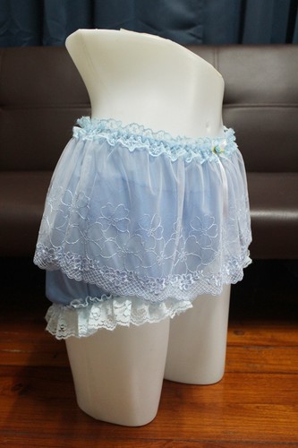 #H63 2XL/ElasticW.24-42" VintageStyle Blue Nylon Full Brief With Lace Mini Skirt - Picture 2 of 9