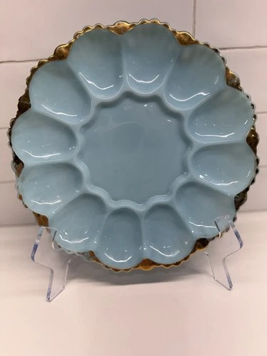 Vintage DELPHITE BLUE Milk Glass Anchor Hocking Fire King Deviled Egg Plate