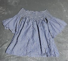 Zara Woman Dress Womens Small Smocked Blue White Striped Mini Bell Sleeve Preppy