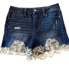 Almost Famous Distressed Denim Shorts Lace Trim Boho Medium Wash Size 27