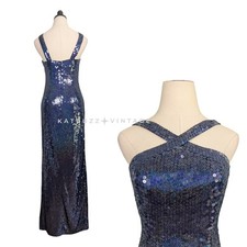 Papell Sequin Prom Dress Maxi Gown 6 Blue Vintage 90s Glam Pageant Hollywood