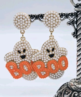 Halloween Earrings Skull Ghost Shape Dangle Ghost Gold tone BOO 2.75 in Pierced