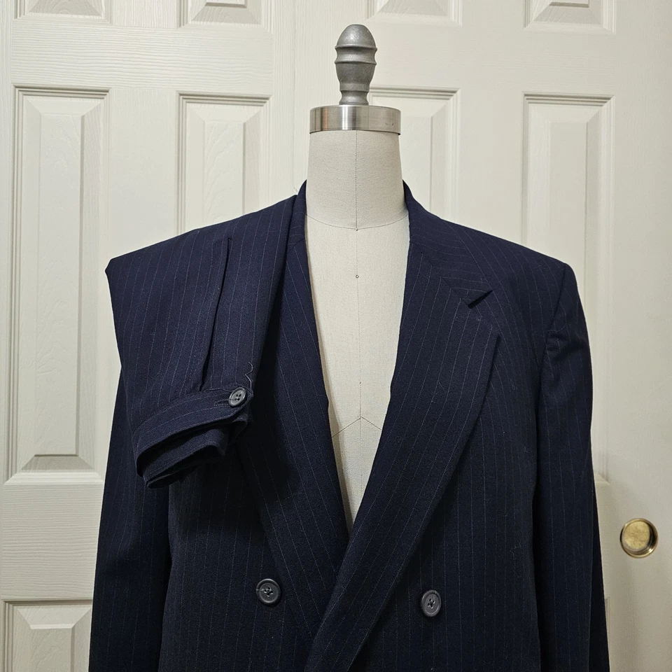 Vtg Nordstrom 2 pc Suit Womens Sz 40 Jacket & Skirt Sz 12 Navy Wool Pinstripe - Image 2 of 4