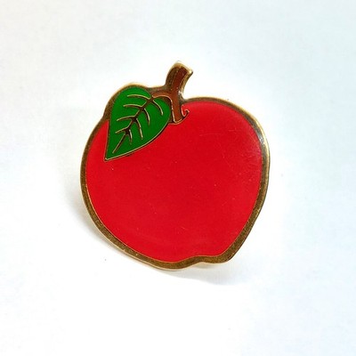 Vintage Red Enamel Apple Lapel Pin Green Leaf Brown Stem Teacher Gift Fruit