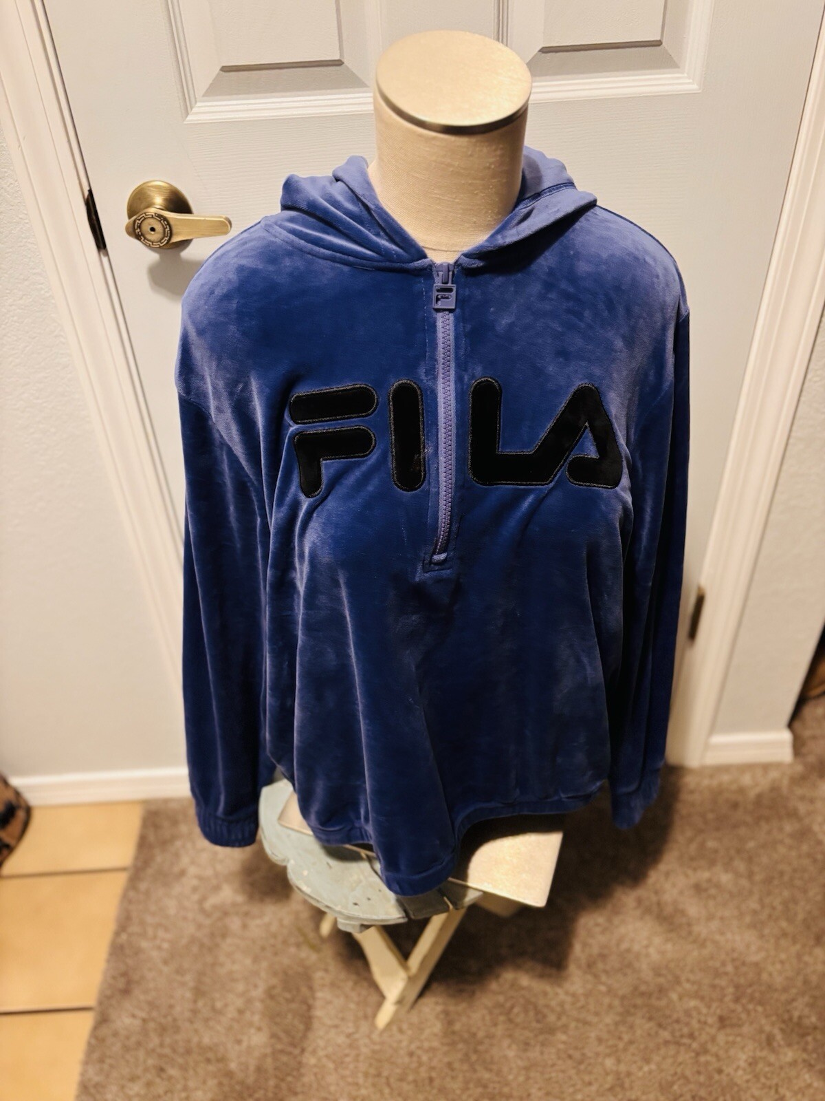 Felpa pullover FILA vintage donna indaco 1 4 zip con cappuccio piccolo velluto