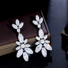 Shiny Silver Plated White CZ Amerian Crystal Leaf Dangle Drop Earrings for Women