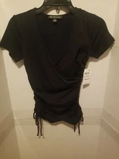 INC International Concepts Short Sleeve Ruched Sides Black Knit Top Size PP NWT