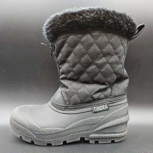 Tundra Snowdrift Snow Boots Girls 2 Black Quilted Faux Fur Accents - Picture 2 of 18