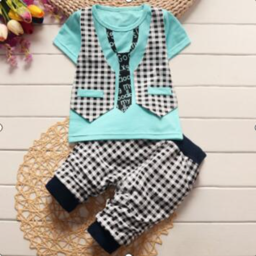 Ropa Verano Niños Ropa Conjuntos Moda Corbata Camisetas + Rayas Corto 2 piezas Traje - Imagen 9 de 39