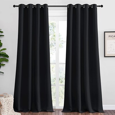 2 PCS Black 90"L x 55"W Solid Grommet Darkening Privacy Curtains For ...