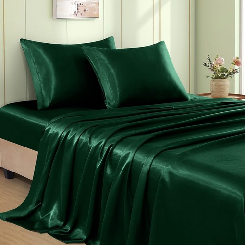 Sumptuous 4pc King Size Satin Sheet Set in Elegant Emerald Green - Silky Comfort - Picture 3 of 9