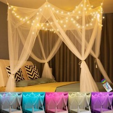 White Bed Canopy with 24 Colors Star Lights for Girls, 8 Corner Princess Canopy