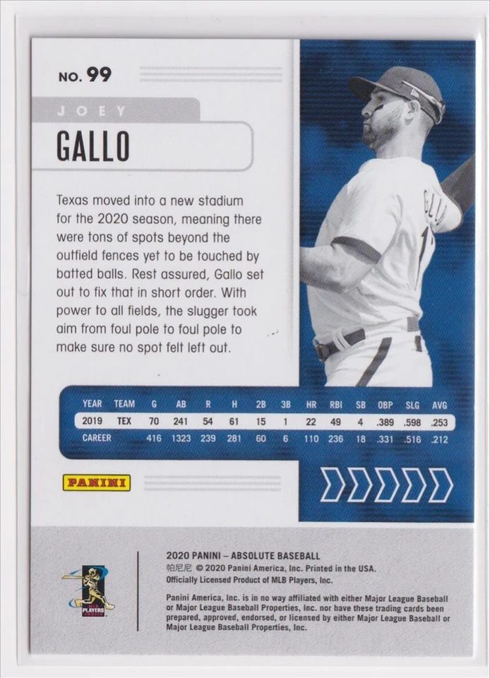 2020 Panini Absolute Spectrum Gold Joey Gallo #99 Spectrum Gold SN /10 TEX - Image 2 of 2