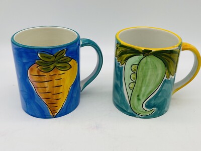 RB Alcobaca Coffee Mugs 2 Vegetable Motif Portugal Made Alcobaca Pottery Mugs