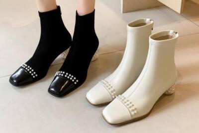 Women's Round Toe Zipper Beads Block Heels Suede Leather Retro Shoes Ankle Boot