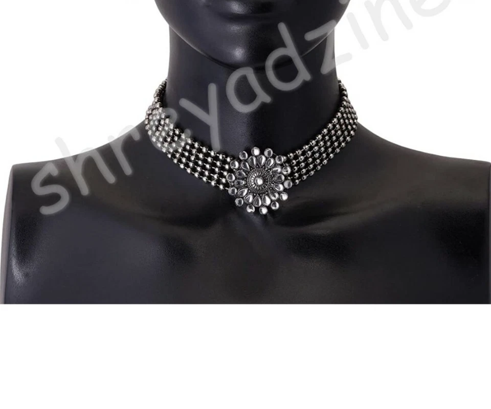 Этнический Болливуд стиль серебра окисленный только ошейник ожерелье индийский ювелирный набор - Изображение 3 из 4