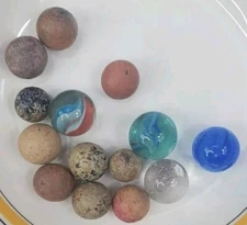 Lot of 14 Marbles Glass Swirl Mica Blue, Red, Clear and Earthy Clay