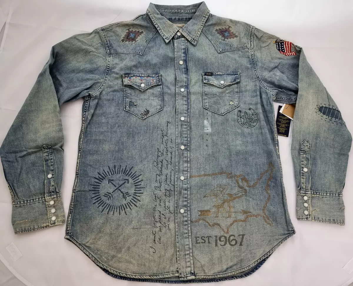 Polo Ralph Lauren Flag Western Patchwork Denim Button Down Shirt