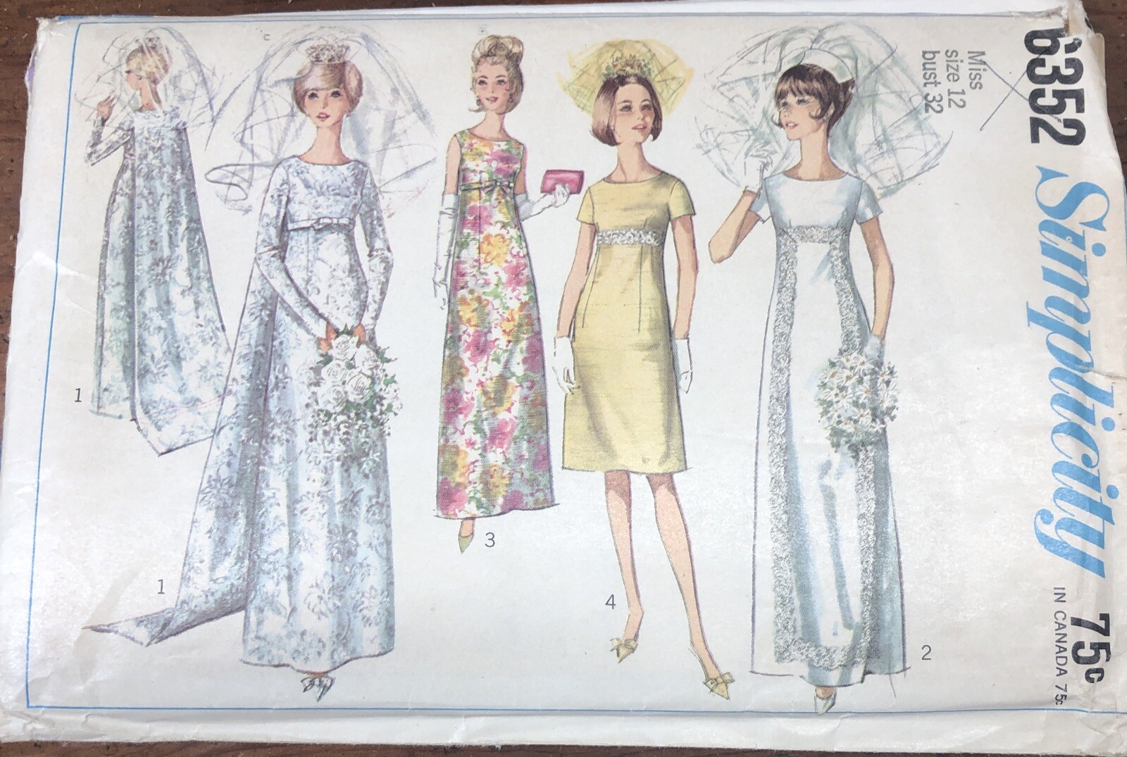 Simplicity #6352 Sz 12 Wedding Dress Pattern Empire Detachable Train Vtg 1960’s
