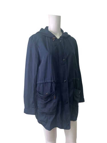 Laura Ashley Jacket Rain Coat Size 12 Womens EU40 Navy Blue Hooded Zip Pockets
