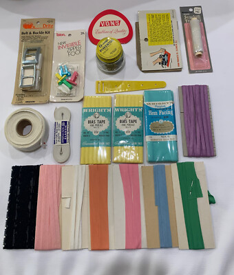 Vintage Lot of Sewing Notions Bias Tape Needles Elastic Thread Buckle Misc