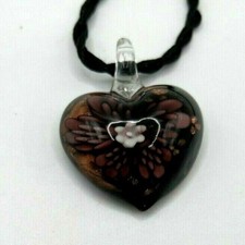 Glass Art Flower Pendant Necklace Heart shape with Flower in Center Handmade