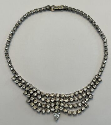 Vintage Signed Garne Jewelry Crystal Rhinestone Necklace Silver Tone