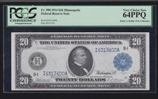US 1914 $20 FRN Minneapolis Minnesota FR 998 PCGS 64 PPQ Ch CU (400)