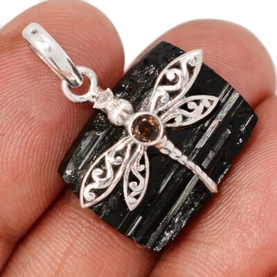 Libelle - natürlicher schwarzer Turmalin & Rauchquarz 925 Silber Anhänger CP73991