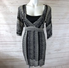 INC Silver/Black Metallic sparkly Knit 3/4 Sleeve V-neck Slip Dress Large  Y2K