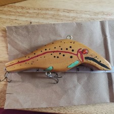 Vintage Handmade Wooden Large Fishing Lure Brown Trout Pattern Lipped Crankbait