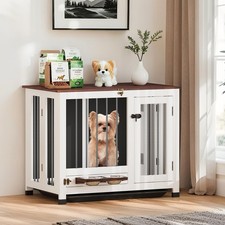 31.5 Inch Dog Crate Wooden Indoor Kennel with 360 Rotating Feeder Removable Tray