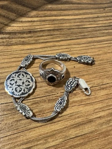 Vintage 925 Sterling Silver Sabaean Bracelet & Ring Set Niello Enamel 21g